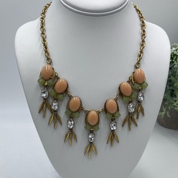 J. Crew Jewelry - J Crew Peach Blush & Sage Green and Crystal and metal Statement Bib Necklace
